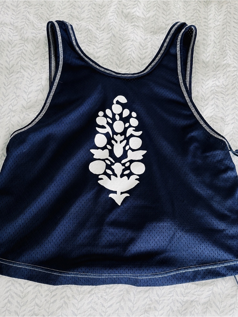 Free People Movement Medium Navy Blue Logo Floral Jersey Tank Top w Cinch Sides